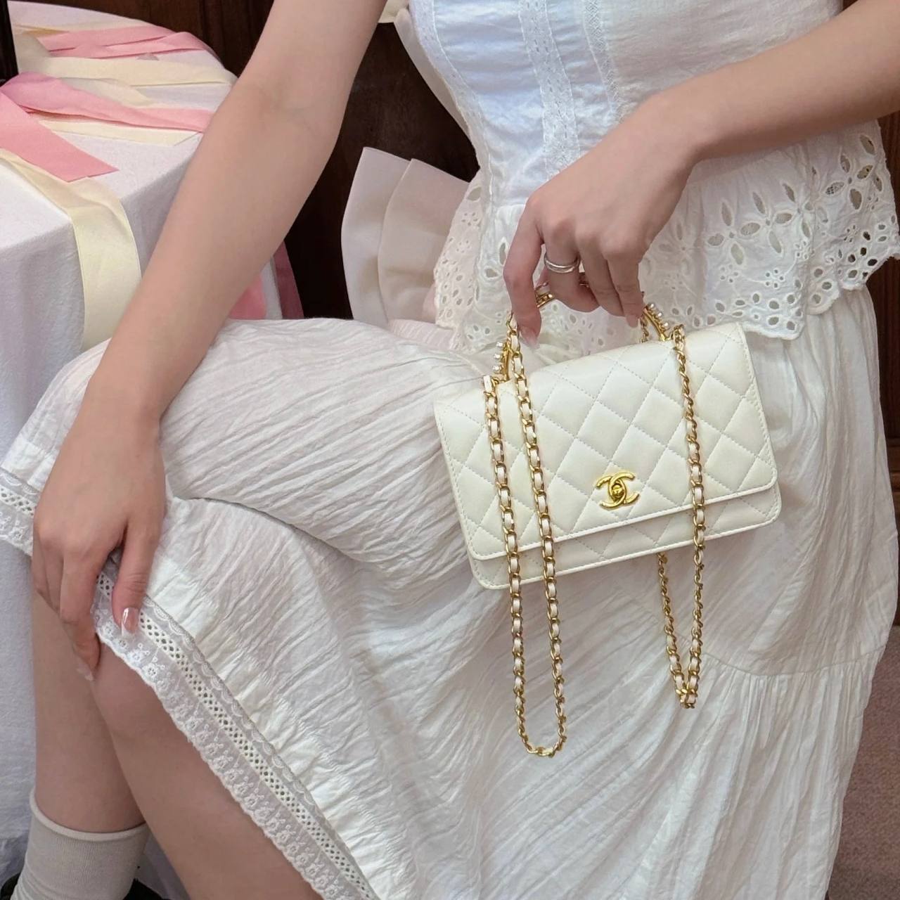 Chanel 23B White Pearl Top Handle WOC