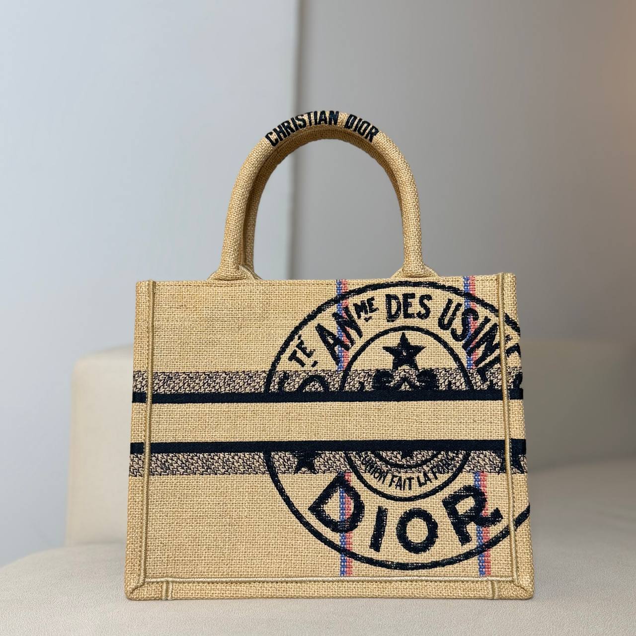 Dior Book Small Tote Embroidered Jute Beige