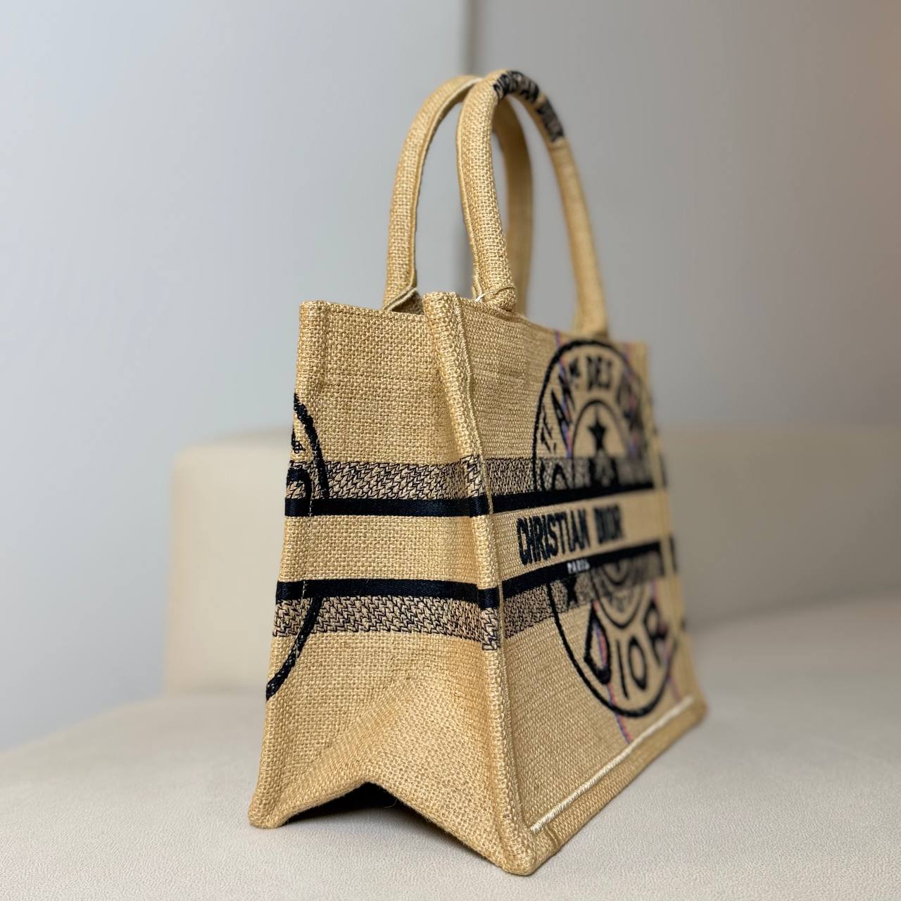 Dior Book Small Tote Embroidered Jute Beige