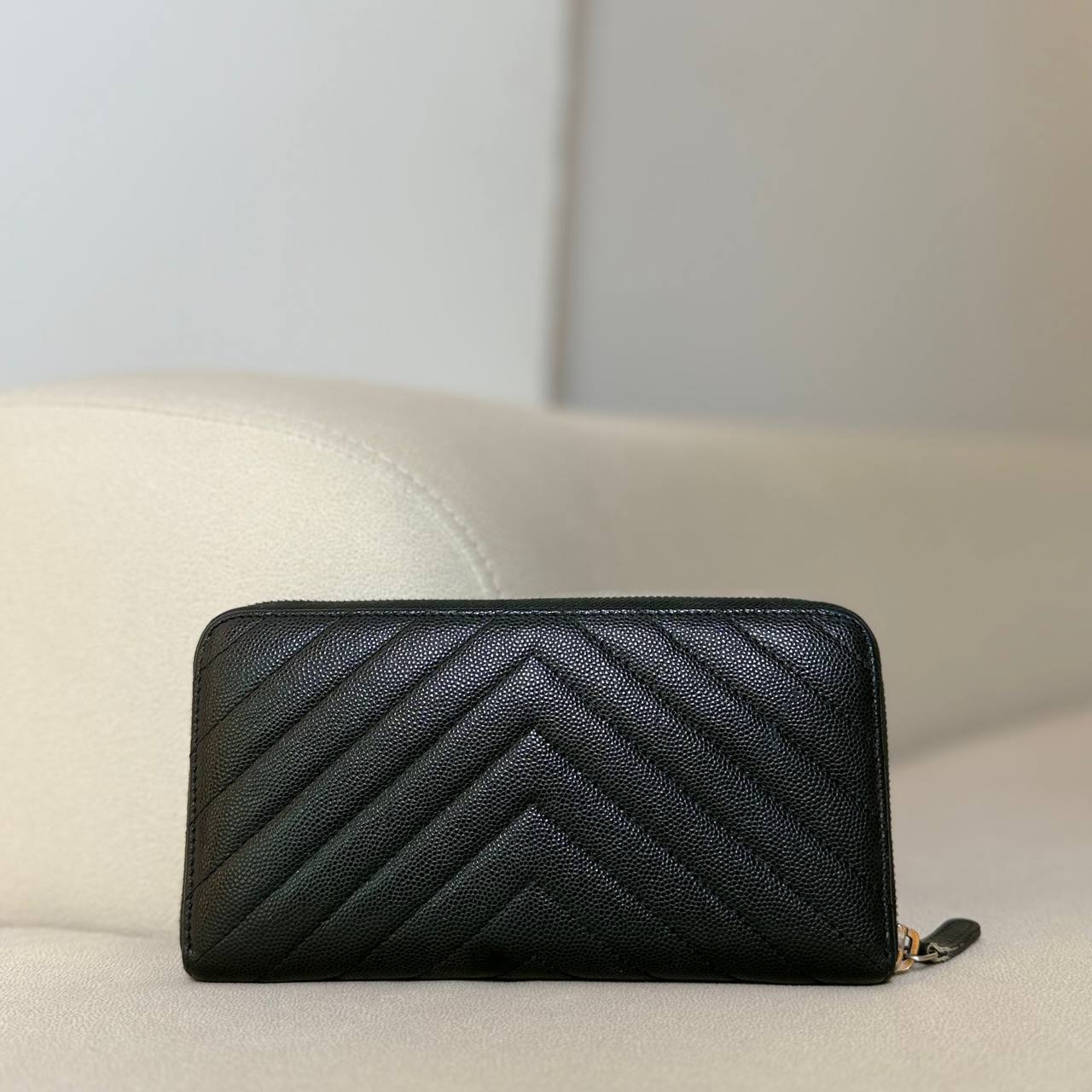 Chanel Caviar Chevron Quilted Zip Around Wallet