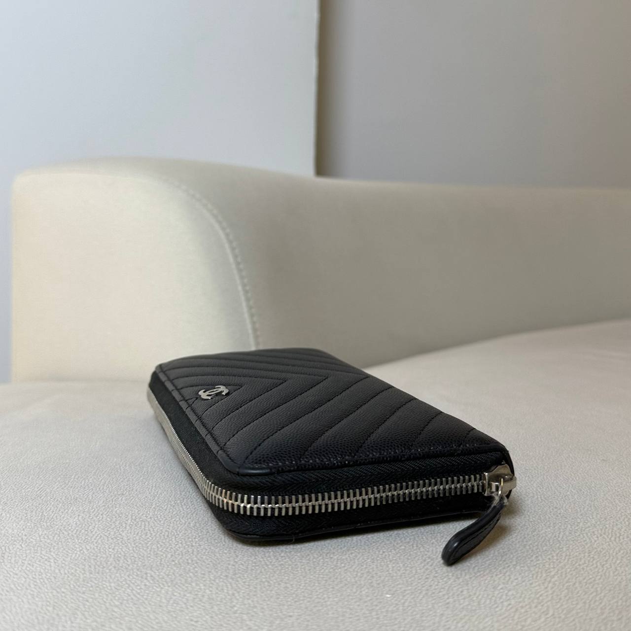 Chanel Caviar Chevron Quilted Zip Around Wallet