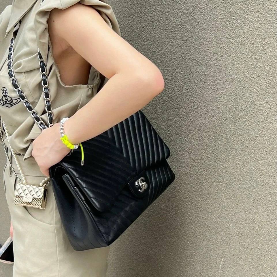 Chanel Caviar Chevron Quilted Jumbo Double Flap