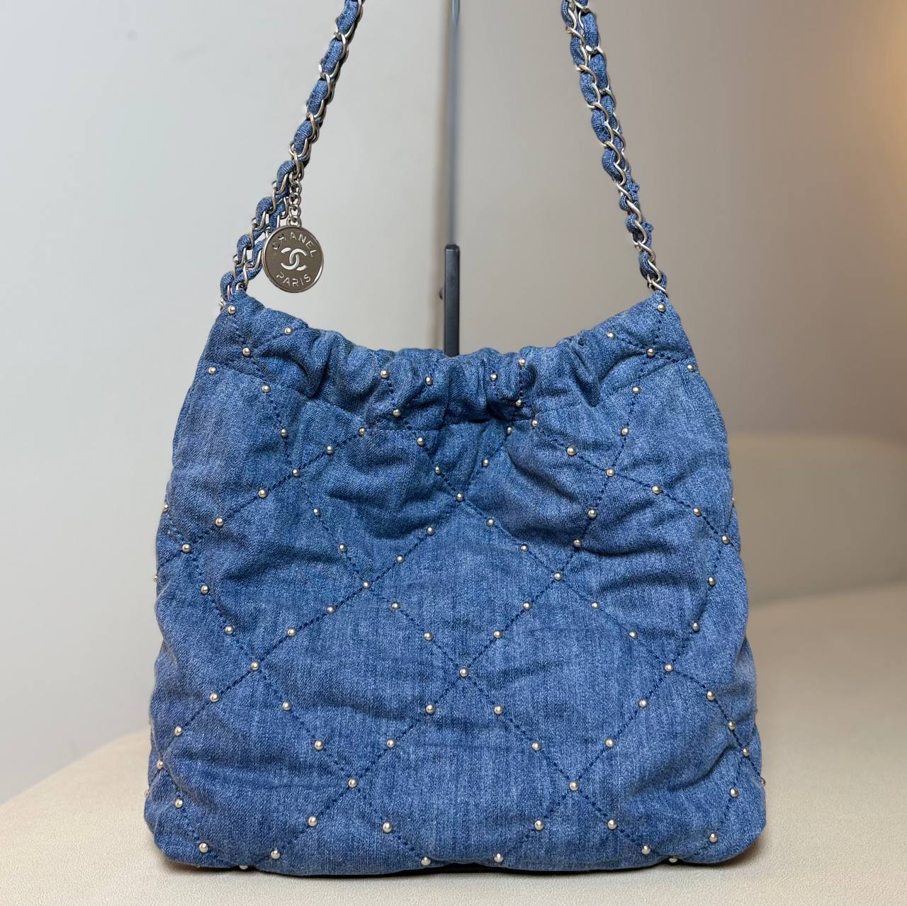 Chanel 22 Small Quilted Denim Shoulder Bag