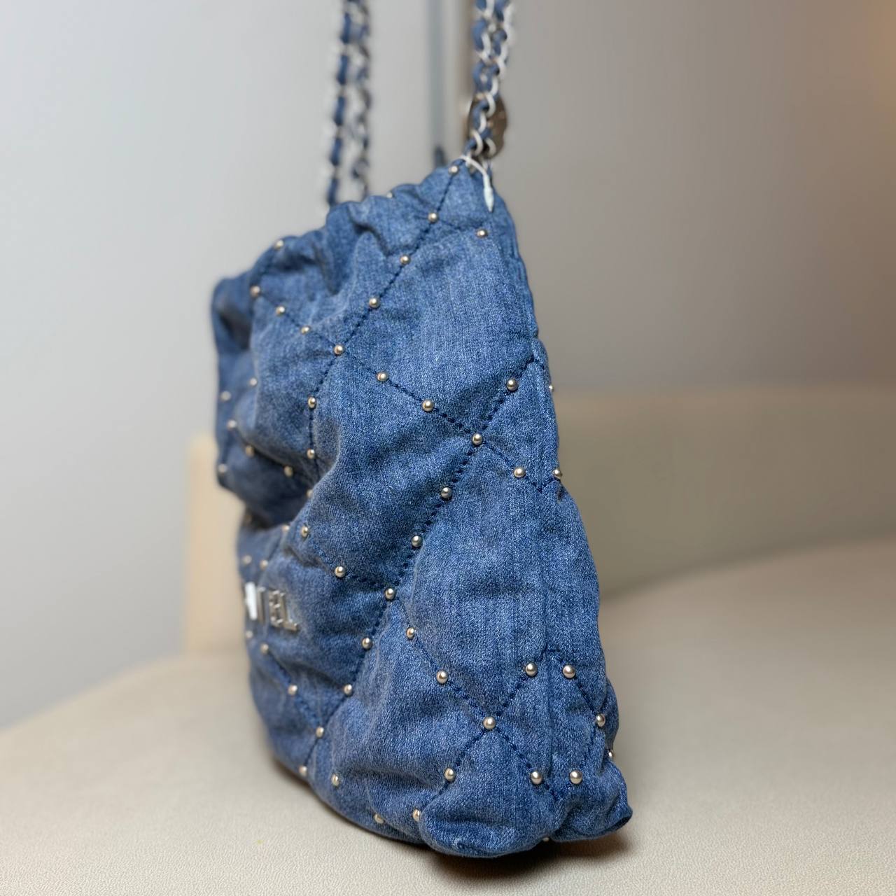 Chanel 22 Small Quilted Denim Shoulder Bag