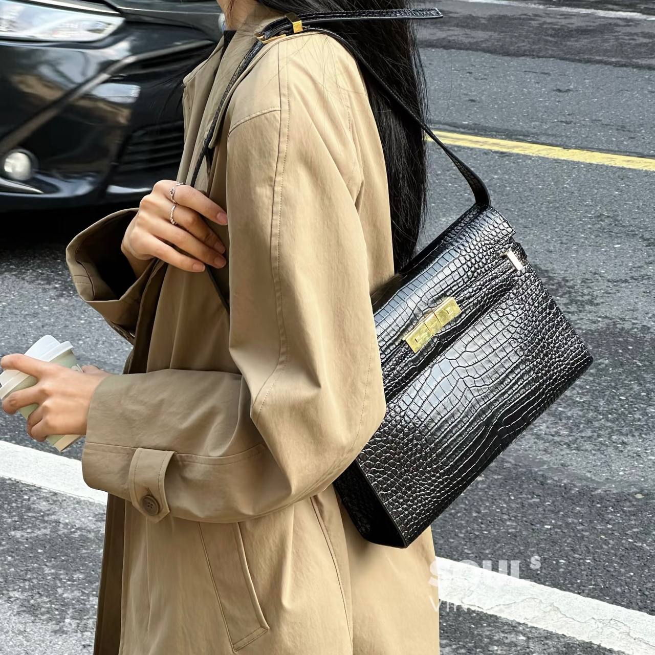 Saint Laurent Manhattan in Crocodile-Embossed Shiny Leather