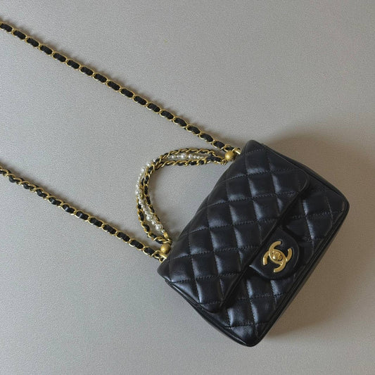 Chanel 24P Mini Black Lambskin Pearl Chain GHW