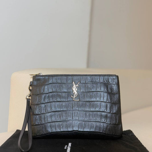 Saint Laurent Croc Embossed Leather Clutch