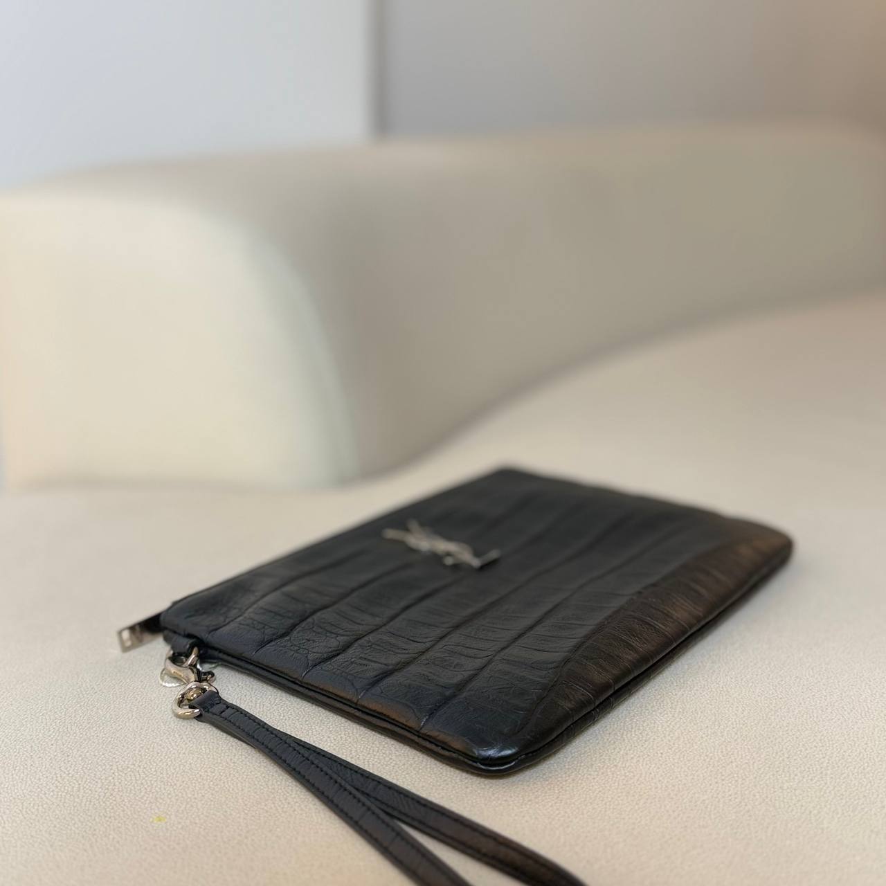 Saint Laurent Croc Embossed Leather Clutch