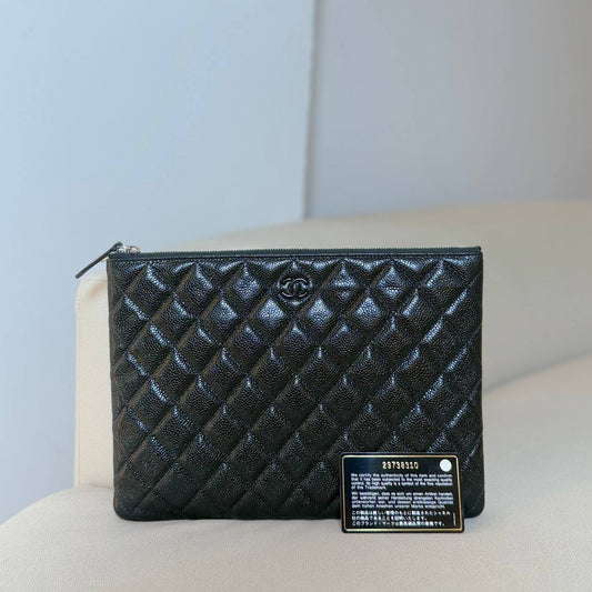 Chanel Black Quilted Caviar Leather Medium Clutch