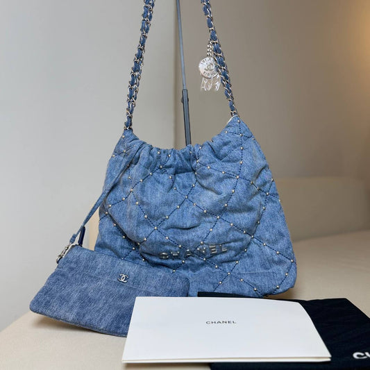 Chanel 22 Small Quilted Denim Shoulder Bag
