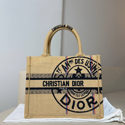 Dior Book Small Tote Embroidered Jute Beige