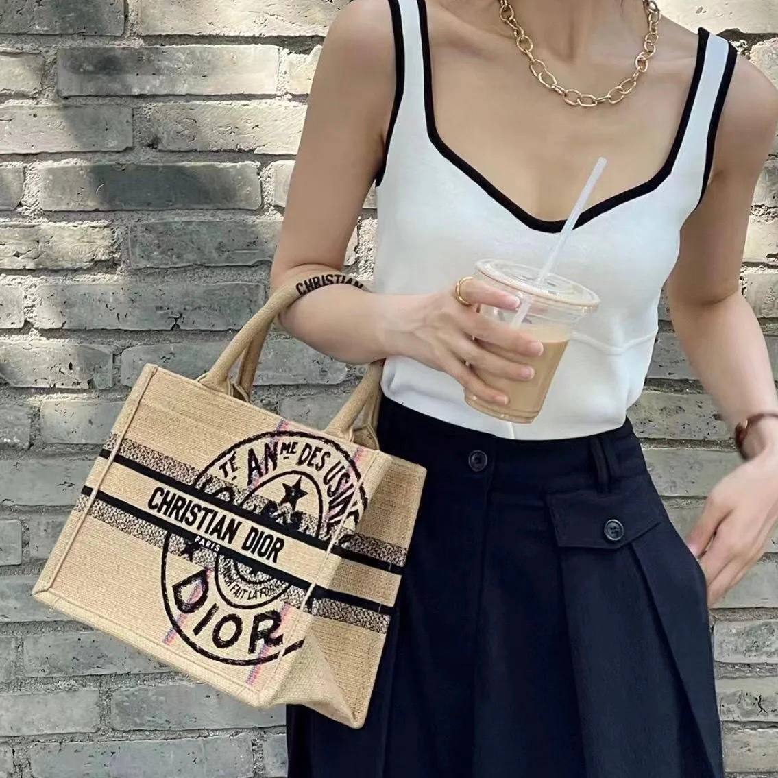 Dior Book Small Tote Embroidered Jute Beige