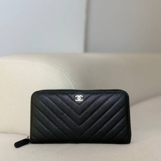 Chanel Caviar Chevron Quilted Zip Around Wallet