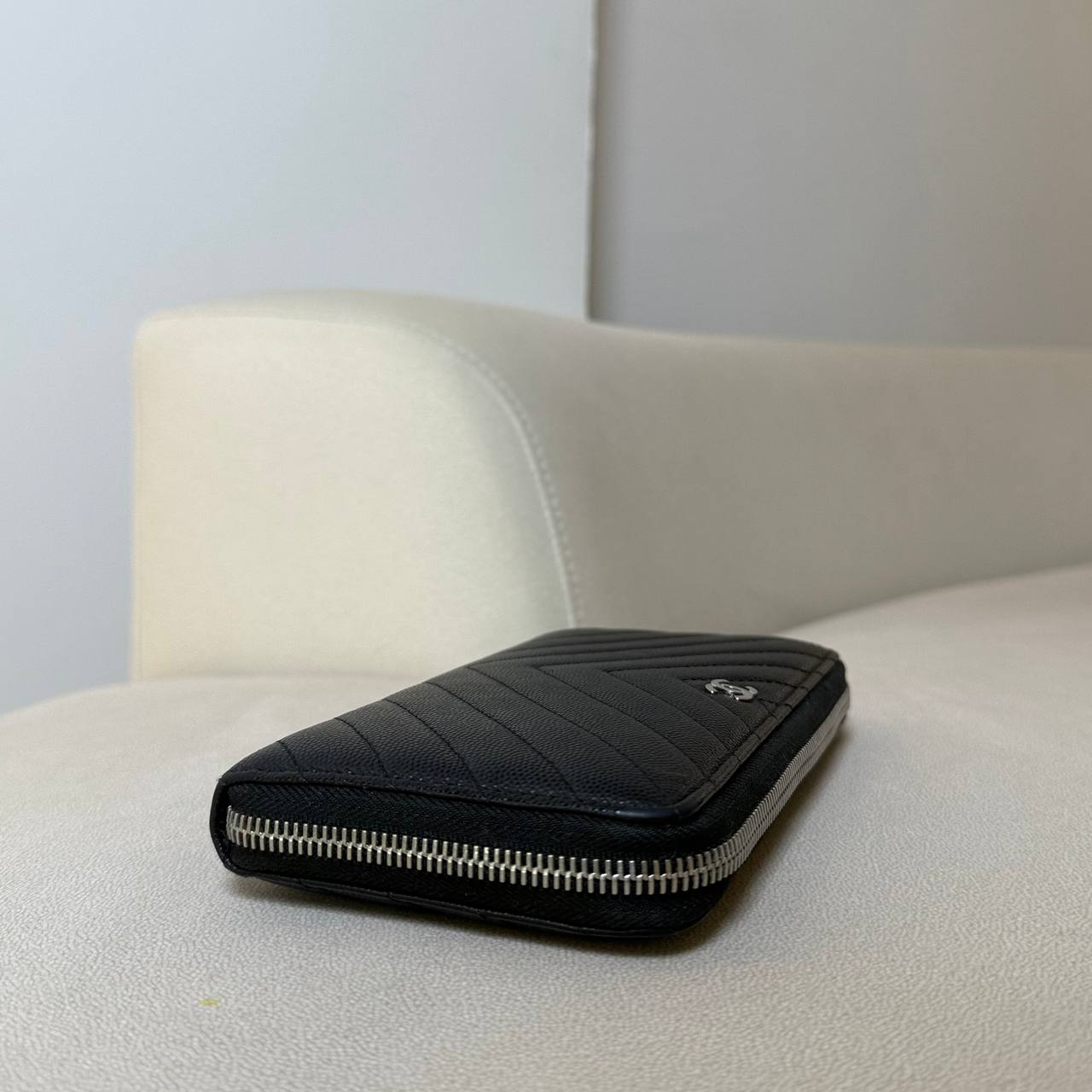 Chanel Caviar Chevron Quilted Zip Around Wallet