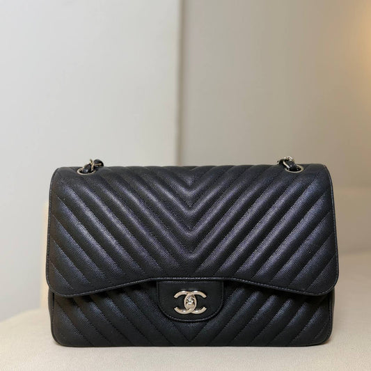 Chanel Caviar Chevron Quilted Jumbo Double Flap
