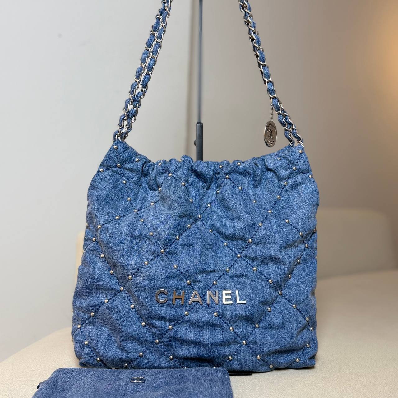 Chanel 22 Small Quilted Denim Shoulder Bag