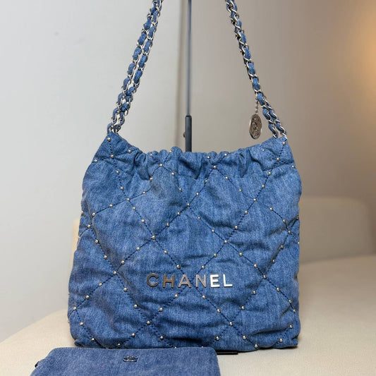 Chanel 22 Small Quilted Denim Shoulder Bag