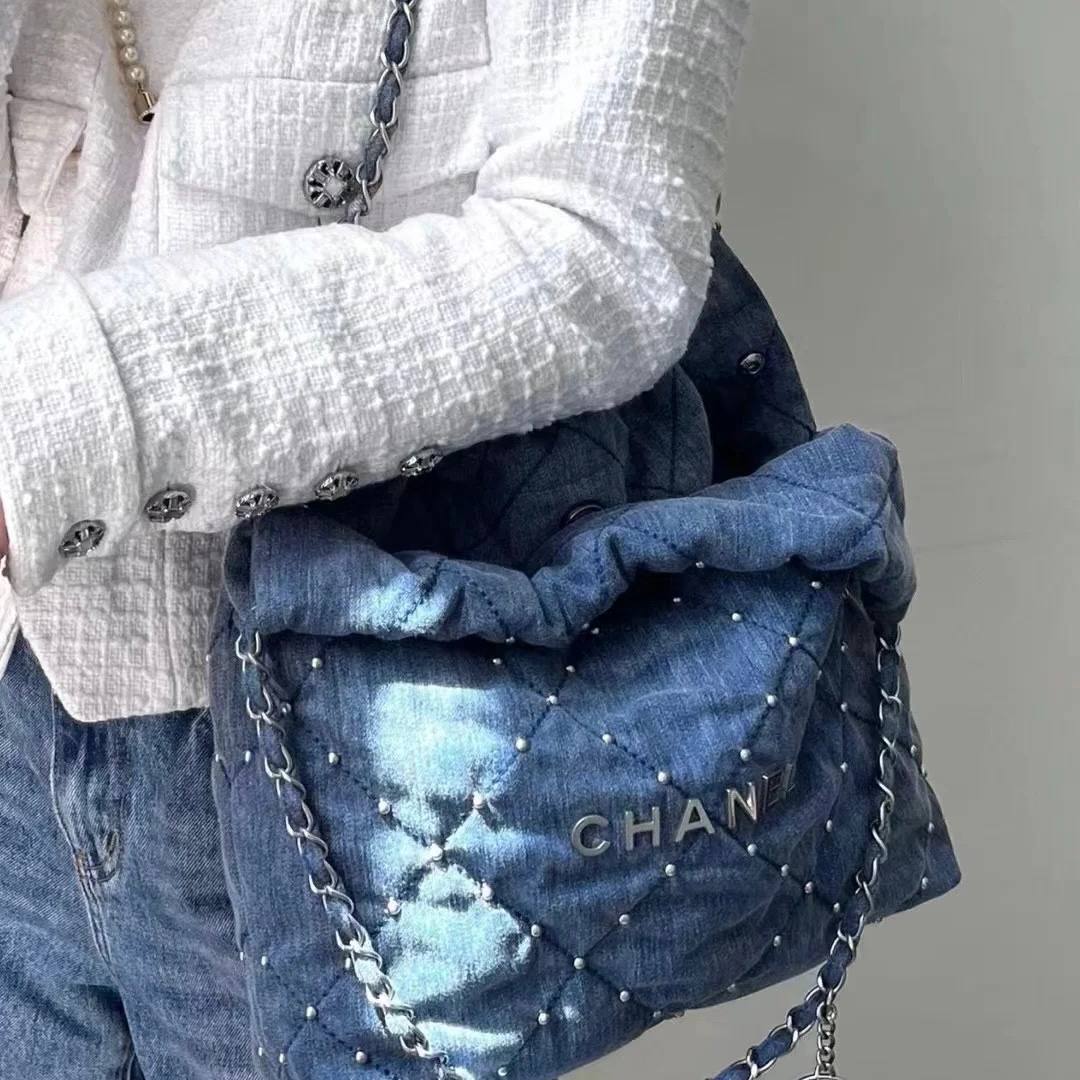 Chanel 22 Small Quilted Denim Shoulder Bag
