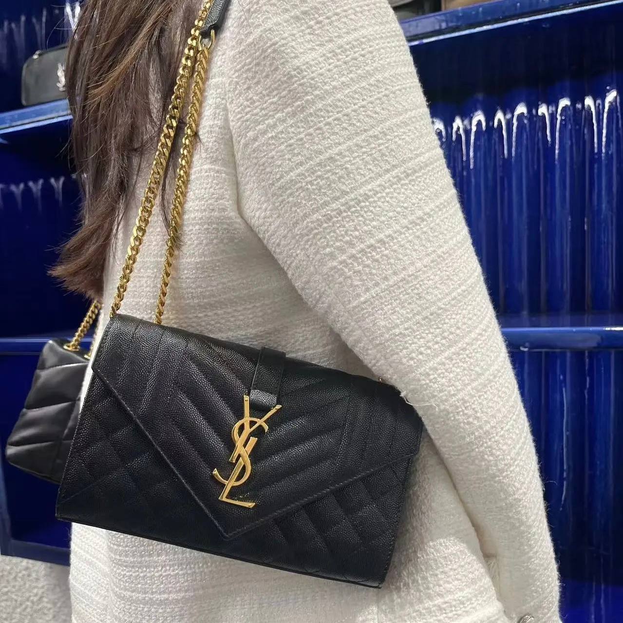 Saint Laurent Envelope Small in Quilted Grain De Poudre Embossed Leather