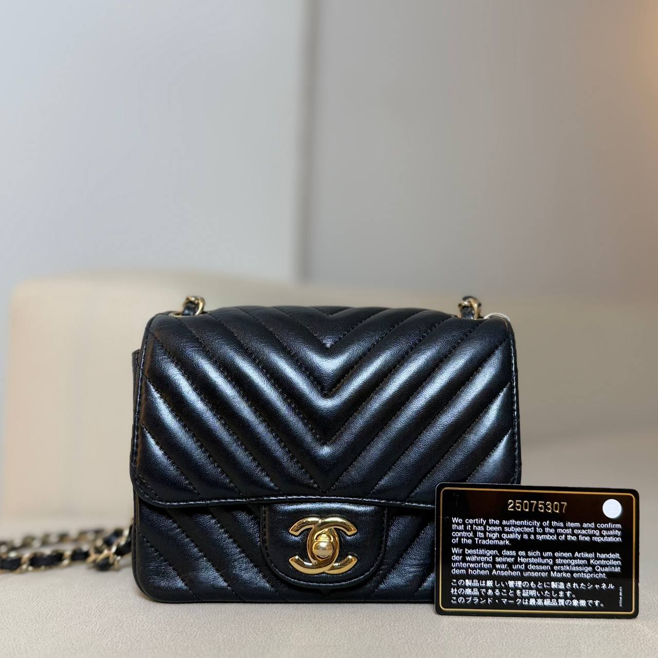 Chanel Classic Square Mini Flap Bag in Black Chevron Lambskin