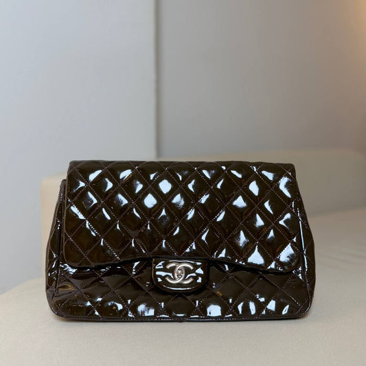 Chanel Jumbo Classic Flap Brown Patent Leather